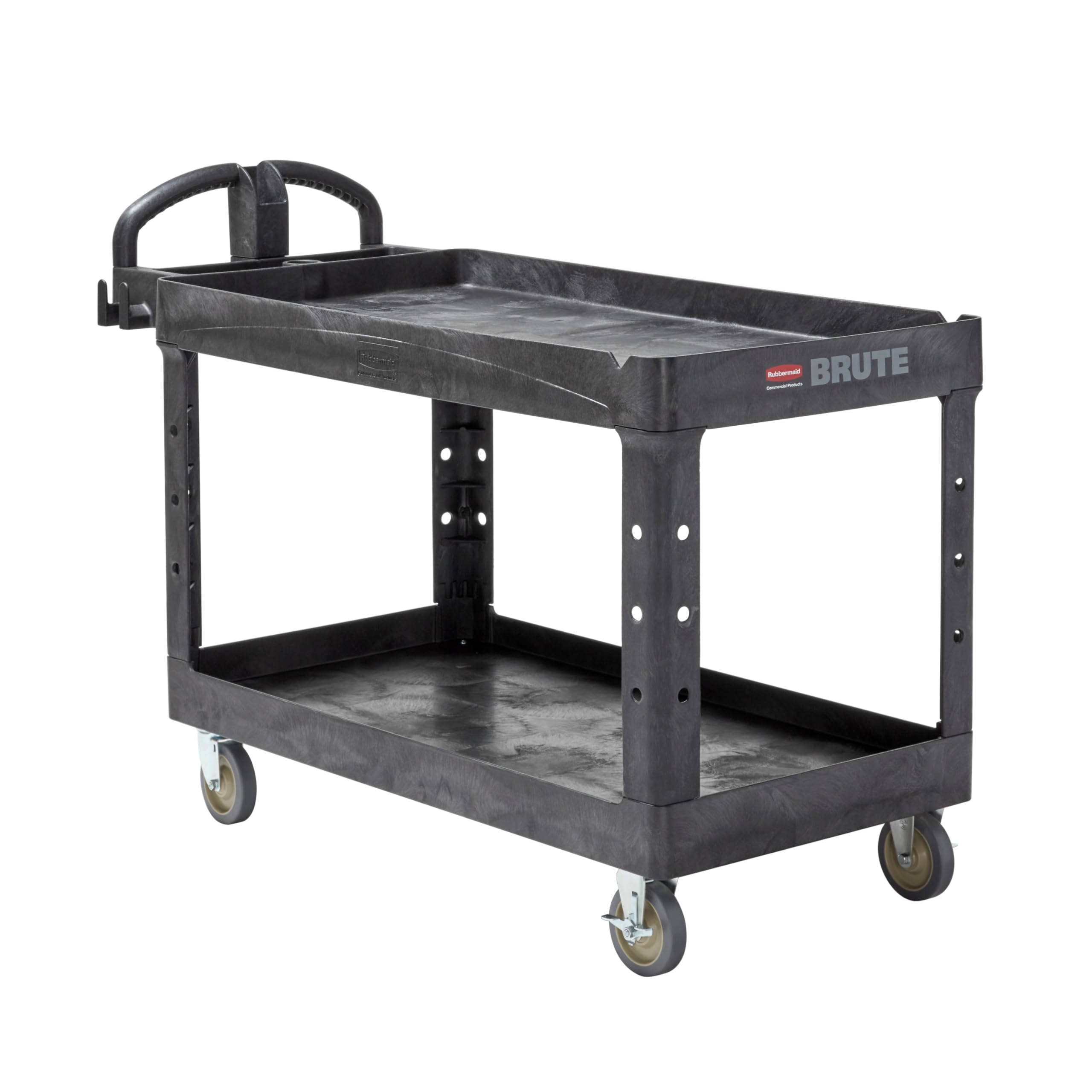 Rubbermaid Commercial Products BRUTE Heavy Duty 2-Shelf Utility/Service Cart, Medium, Lipped Shelves, Ergonomic Handle, 750 lb Capacity, Black, for