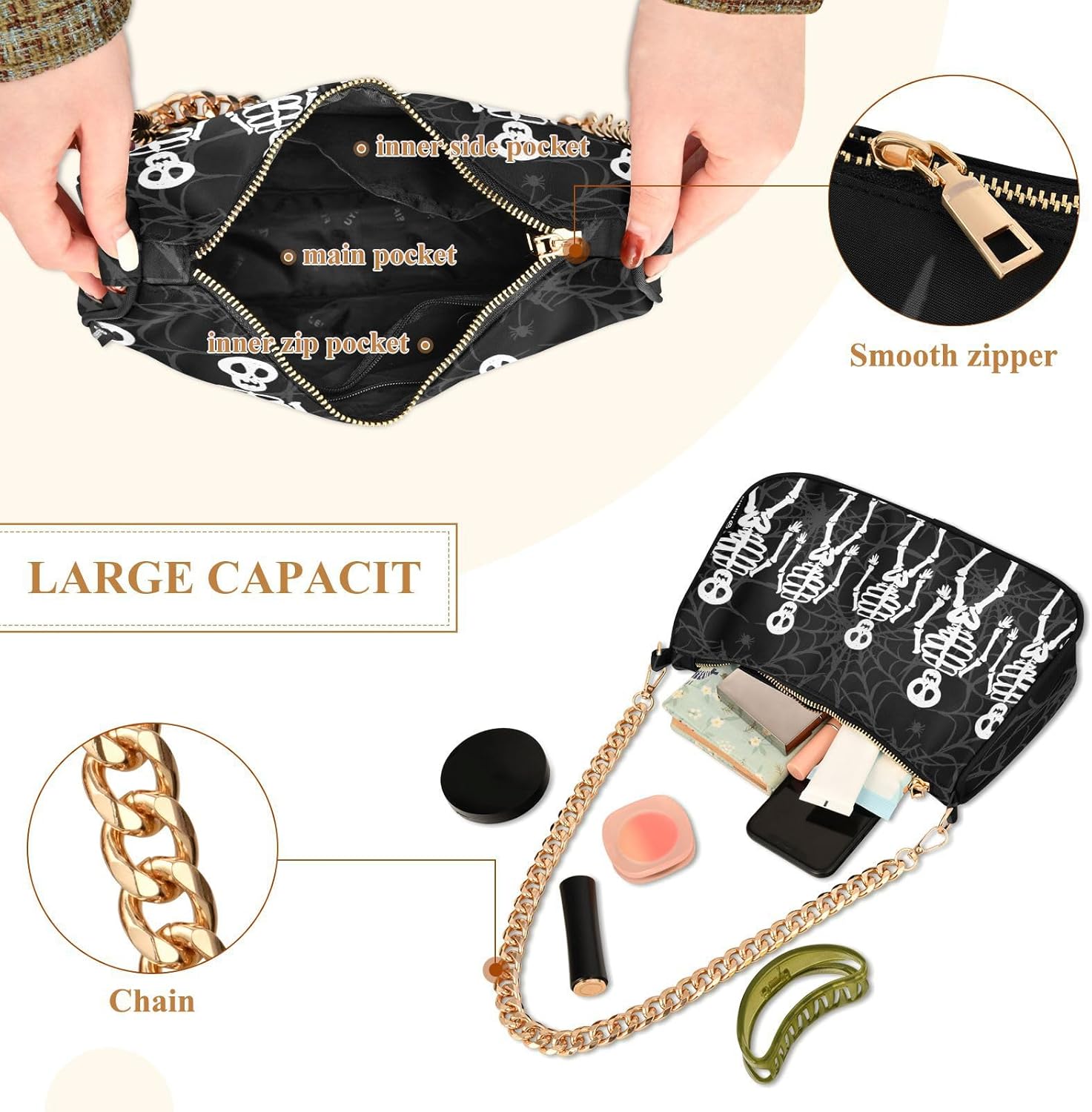 Shoulder Bags for Women Skeleton Skull and Rose Flowers Hobo Tote Handbag Small Clutch Purse with Zipper Closure