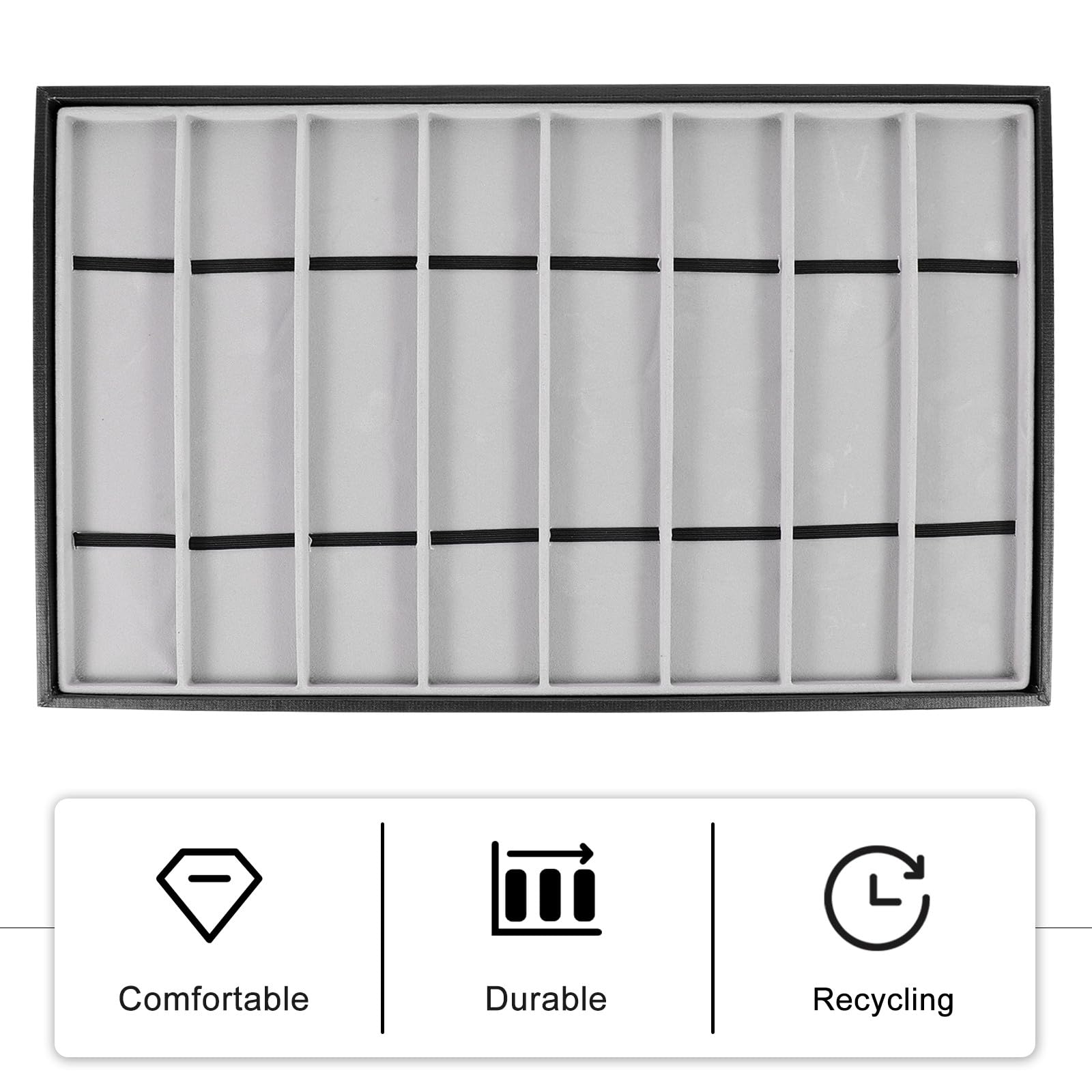 PACKOVE Bandeja para Guardar Relojes y Joyas 8 Compartimentos, Organizador de Almacenamiento en Piel Sintética Negra y Forro de Terciopelo Gris, Diseño Artesanal para Uso Doméstico y