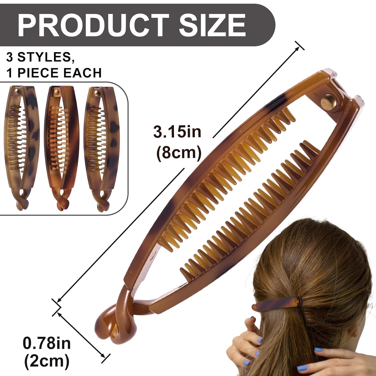 3pcs Banana Hair Clips, Non-Slip Large Hair Claws for Women, Classic Double Combs Hairpin Accessories for Thin Curly Straight Long Short Hairstyles- 3 Colors - Image 2