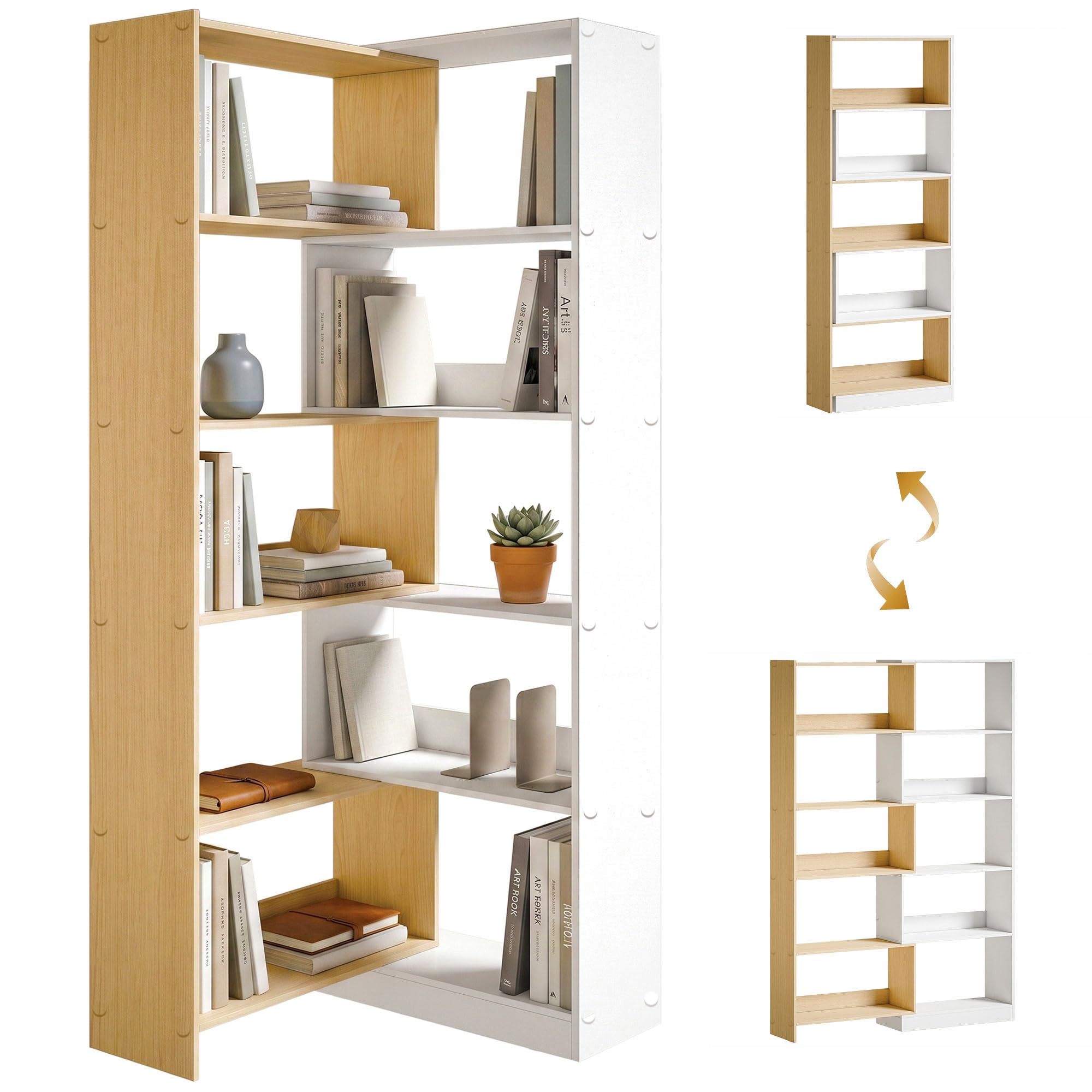 HOMCOM Bibliothèque d'angle rotative 350° à 5 Niveaux, étagère de Rangement Extensible en Forme L, 60-111x24x164cm, Style Moderne, Meuble de Rangement pour Salon, Bureau, Petit Espace, chêne et Blanc