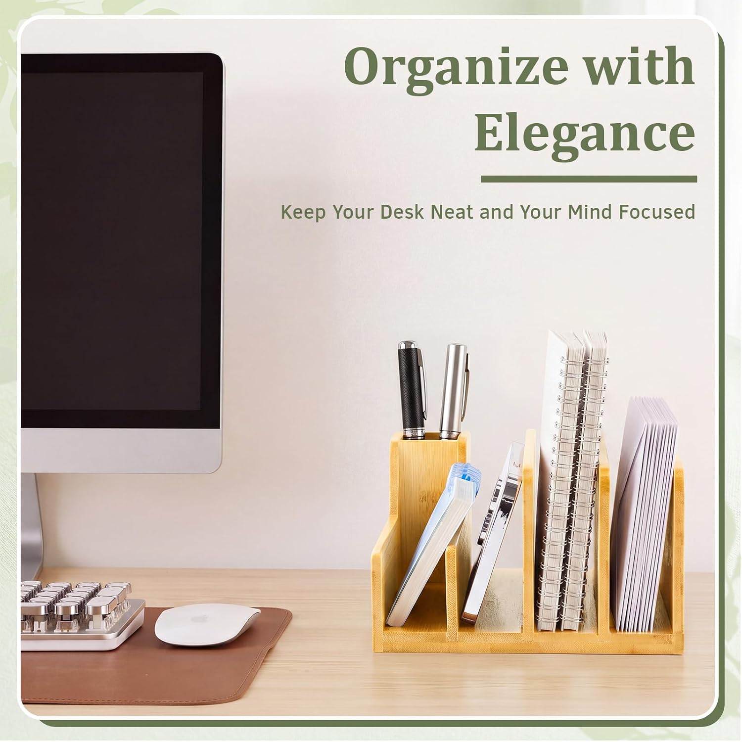 Novabright Bamboo Wood Desk Organizer with Pen Holder, 5 Slot Mail Sorter image 4