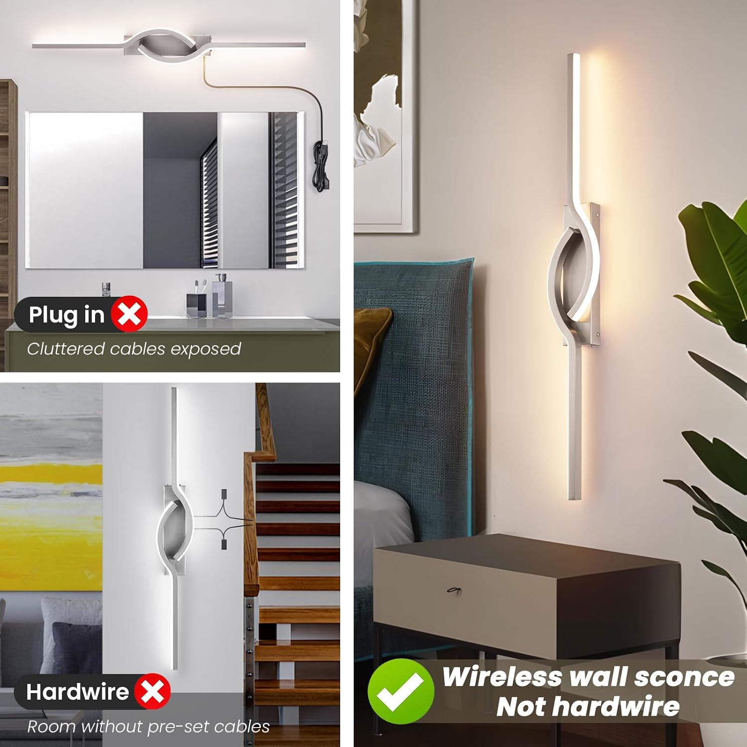 Modern Rechargeable Wall Sconces, Battery Operated Wall Sconces Set of Two, 3000K-6500K LED Wireless Wall Light, Nickel Modern Wall Lamp not Hardwired for Living Room Bedroom Hallway, etc