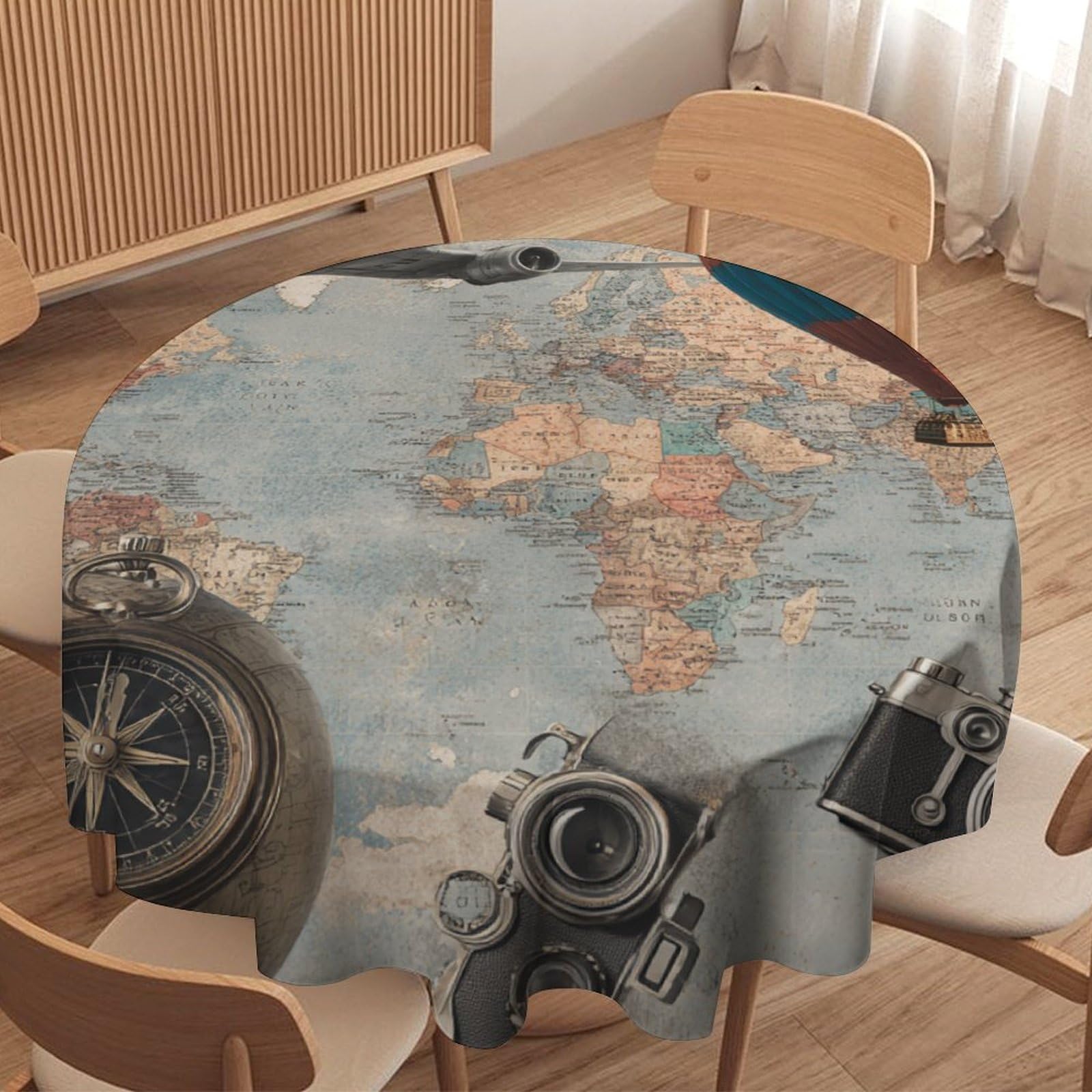 LUYYSKY Vintage Abstract Old Map Round Tablecloth Rustic Watercolor Airplane Hot Air Balloon Cameras Print Washable Decor for Table Cover for Kitchen-177.8" Wx177.8 L cm