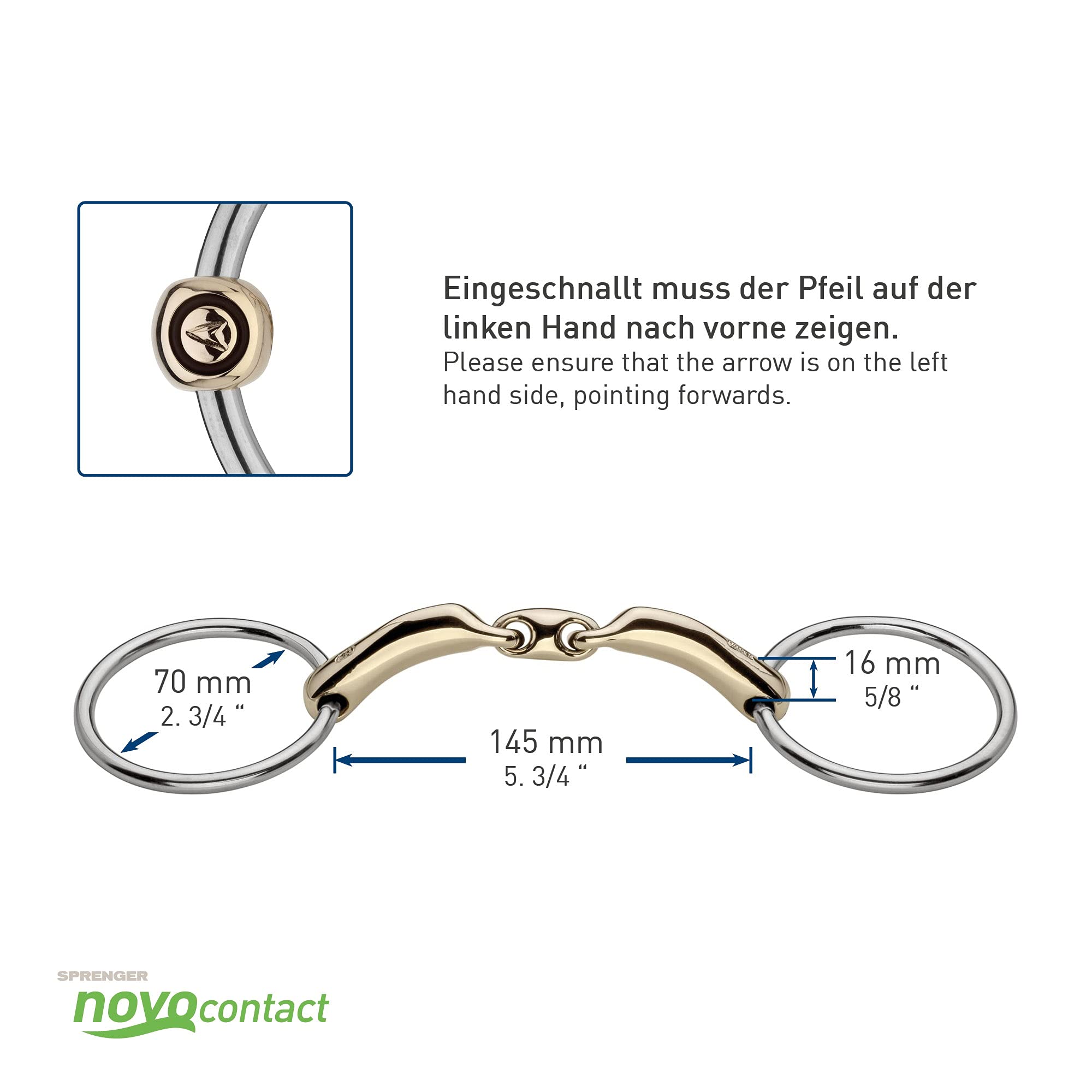 Sprenger Nnovocontact Water Snaffle 16 mm I Horse Bit Double Broken I Snaffle for Horses Sensogan, 145 mm Width