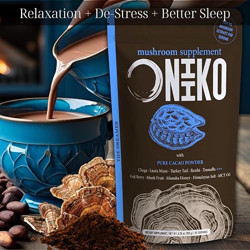Miniatura 3 de ONIIKO Cacao de hongos prémium con 5 extractos de hongos, bayas de Goji, fruta de monje y aceite MCT para relajación, desestresar y dormir mejor,