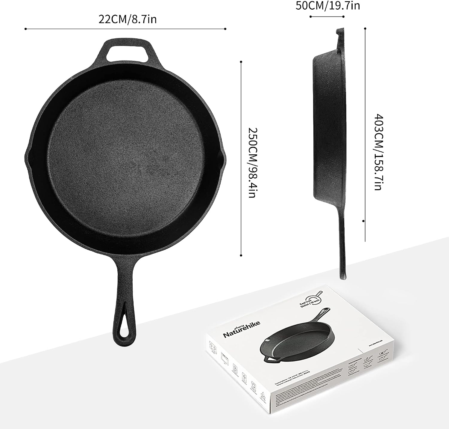 Naturehike 10” Iron Skillet Durable Non-Stick Seasoned Pan Strong Frying Pot with Two Pour Spouts Grill Versatile Cookware for Kitchen, Camping, Hiking, Indoor and Outdoor Cooking, Black
