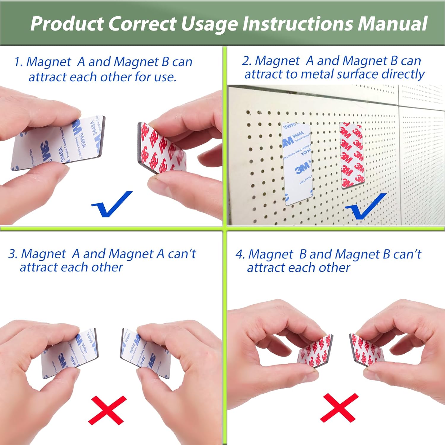 A+B Paired Adhesive Magnetic Tape, Precut (3 in x 1 in x 48 Pack/ 24Pairs) Flexible A B Magnets Strips for DIY Closure Craftings, a b Magnet Match to Use