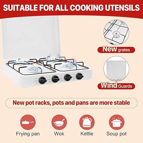 Miniatura 5 de Estufa de gas natural de 4 quemadores, estufa portátil para acampar con válvula reductora de presión y protectores contra el viento para RV,