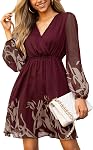 CUPSHE Robe décontractée pour femmes V Col Floral Mousseline A Mini Robe Longues Manches paysannes Robe d'automne élastique