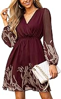 CUPSHE Women's V-Neck Chiffon Mini Dress Long Sheer Peasant Sleeves Flowy Boho Floral Spring Summer Casual