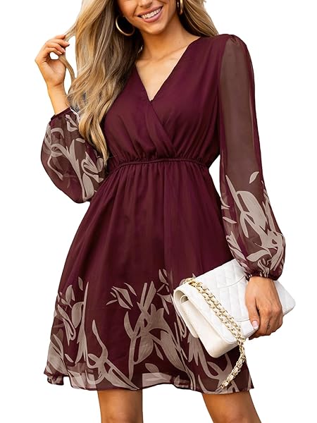 CUPSHE Women's Mini Dresses Casual Spring V Neck Chiffon Long Peasant Sleeves Flowy Summer Dress