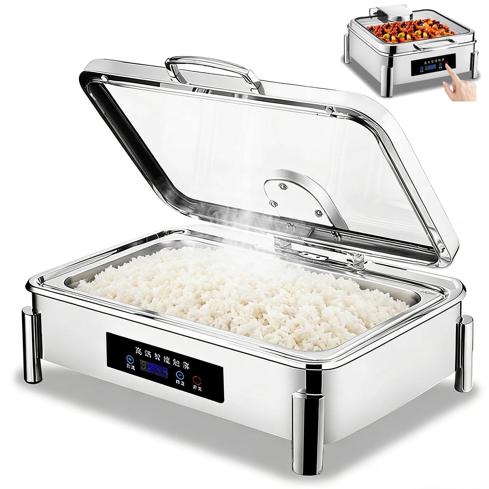 YXYLJOZ Electric Buffet Server with Glass Lid, Adjustable 20℃-90℃ Temperature Control, Stainless Steel Chafing Dish, Rapid Heating & Insulation, Ideal for Catering & Parties (1 Square 9L)