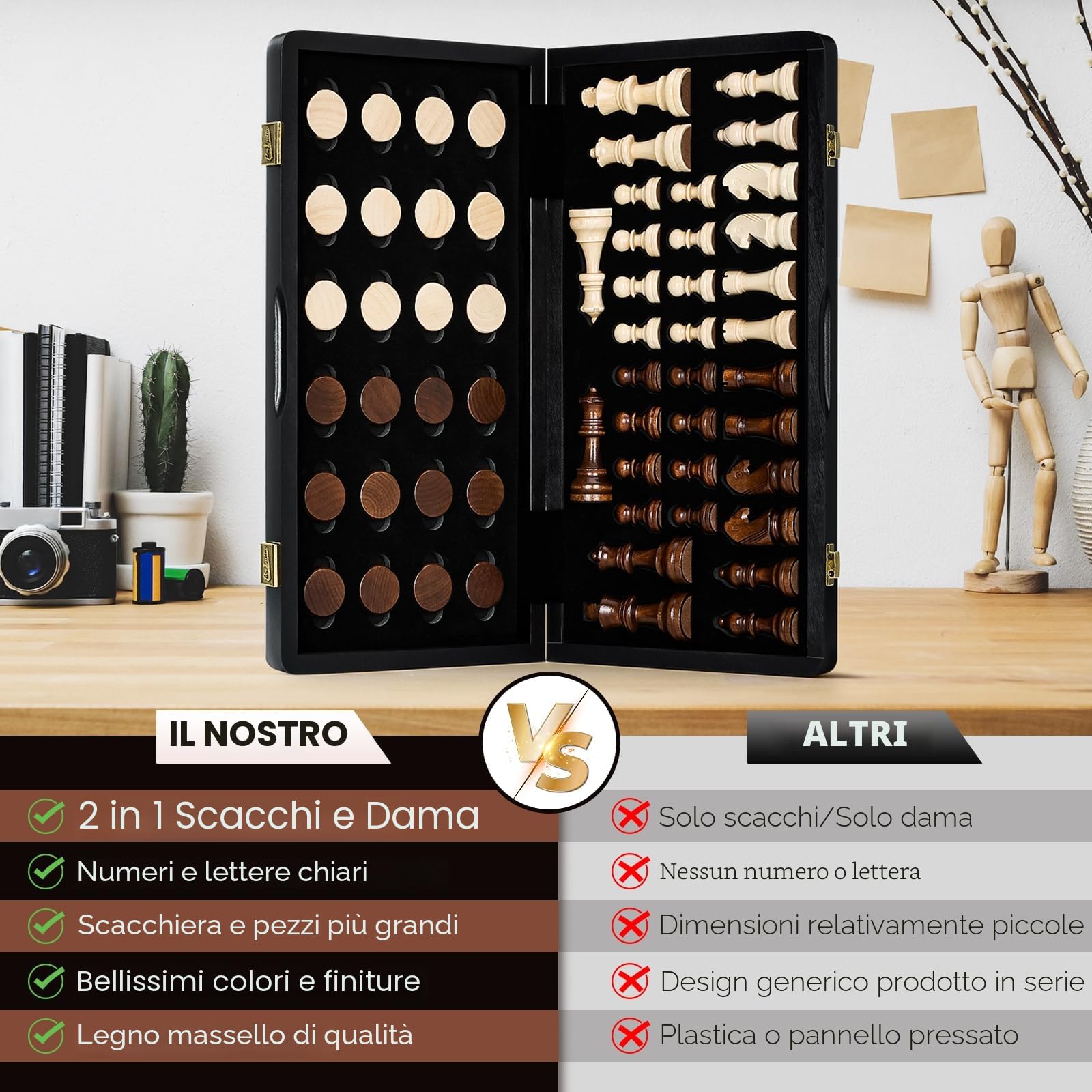 Peradix Set di Scacchi in Legno 38cm, 2-in-1Scacchiera e Dama con Pezzi Magnetici Extra Grandi, Realizzati in Legno Massiccio Pregevole - Perfetto Regalo per Tutte le Età e Occasioni