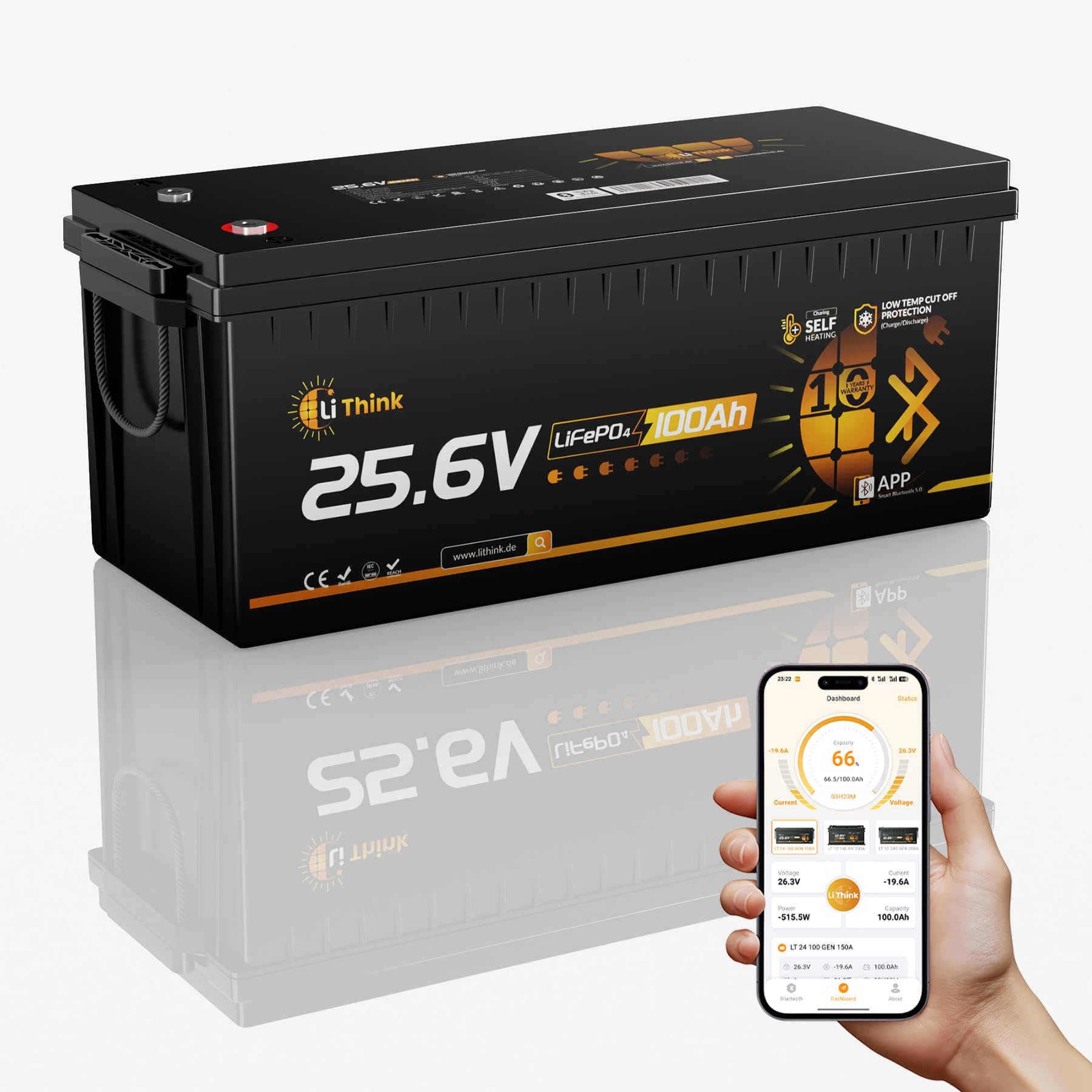 Batterie LiFePO4 Lithium 25.6V 100Ah Bluetooth, 150A BMS Protection, 2560Wh Énergie, Jusqu’à 15000 Cycles, Batterie Solaire Camping-Car, Bateau, Marine, Système Hors Réseau