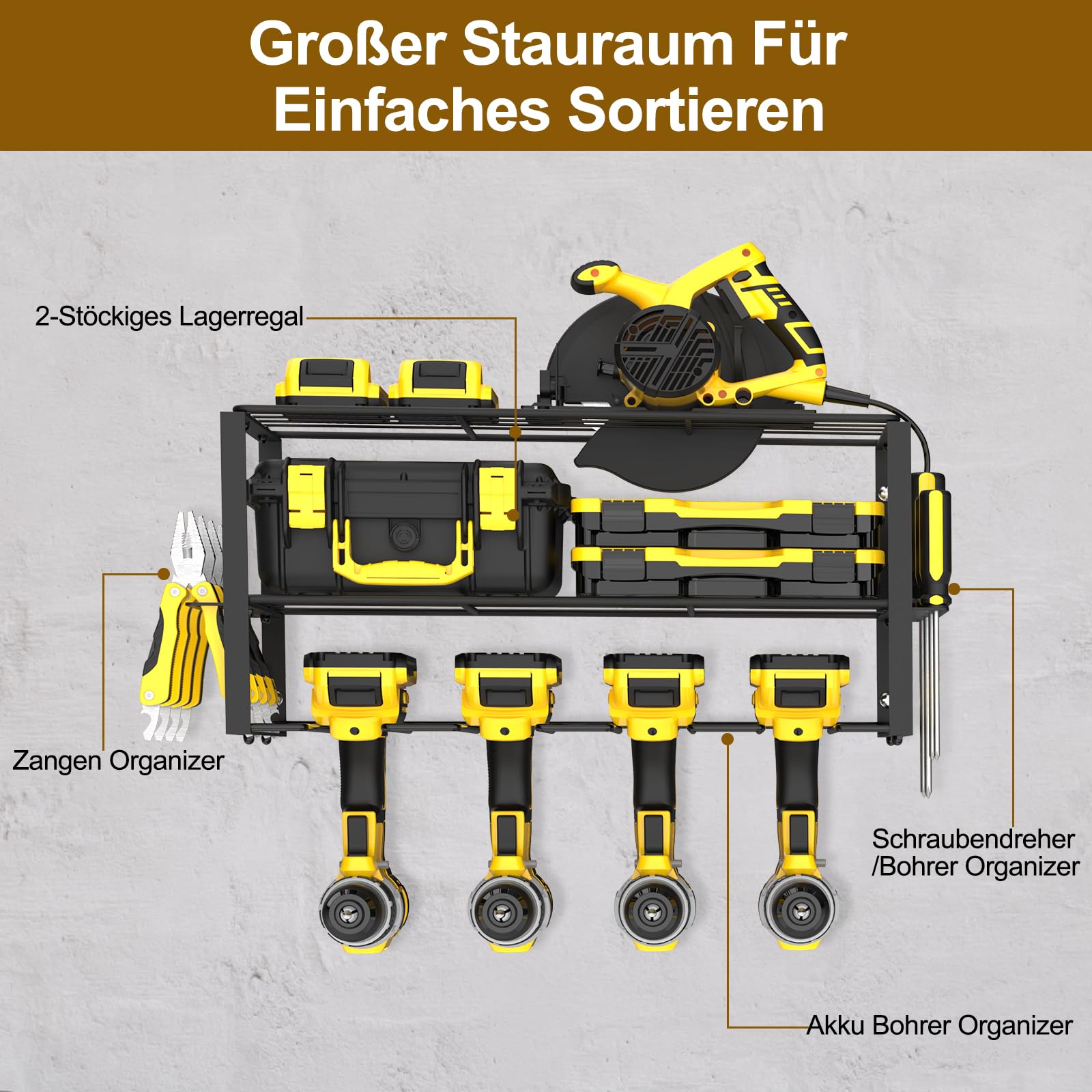 Rangement Atelier Mural Smusei Support Mural De Rangement Pour Outils, En Métal, à 3 Niveaux, Pour Perceuse, Visseuse Sans Fil, Etc Rangement Mural Atelier
