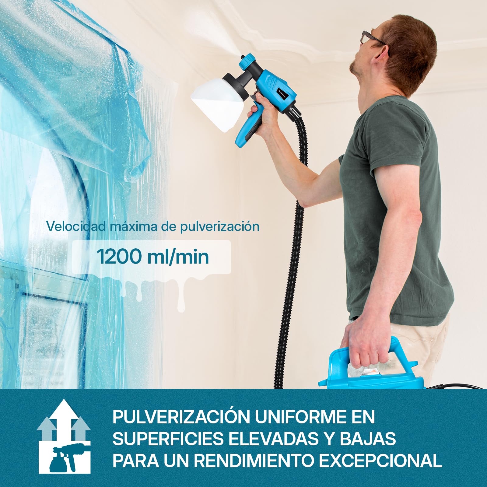 Pistola de Pintura Tilswall, 800W HVLP 1200ML/Min Pistola Pintura Electrica, Depósito 1300ML, 3 Boquillas y 3 Patrones, Pulverizador de Pintura de Alta Potencia para Muebles, Armarios, Vallas