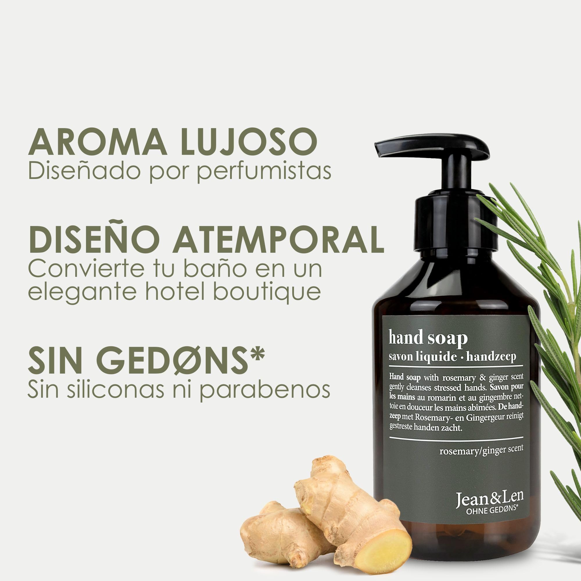 Jean & Len Jabón de manos Rosemary & Ginger 6 x 250 ml dosificador recargable sin parabenos