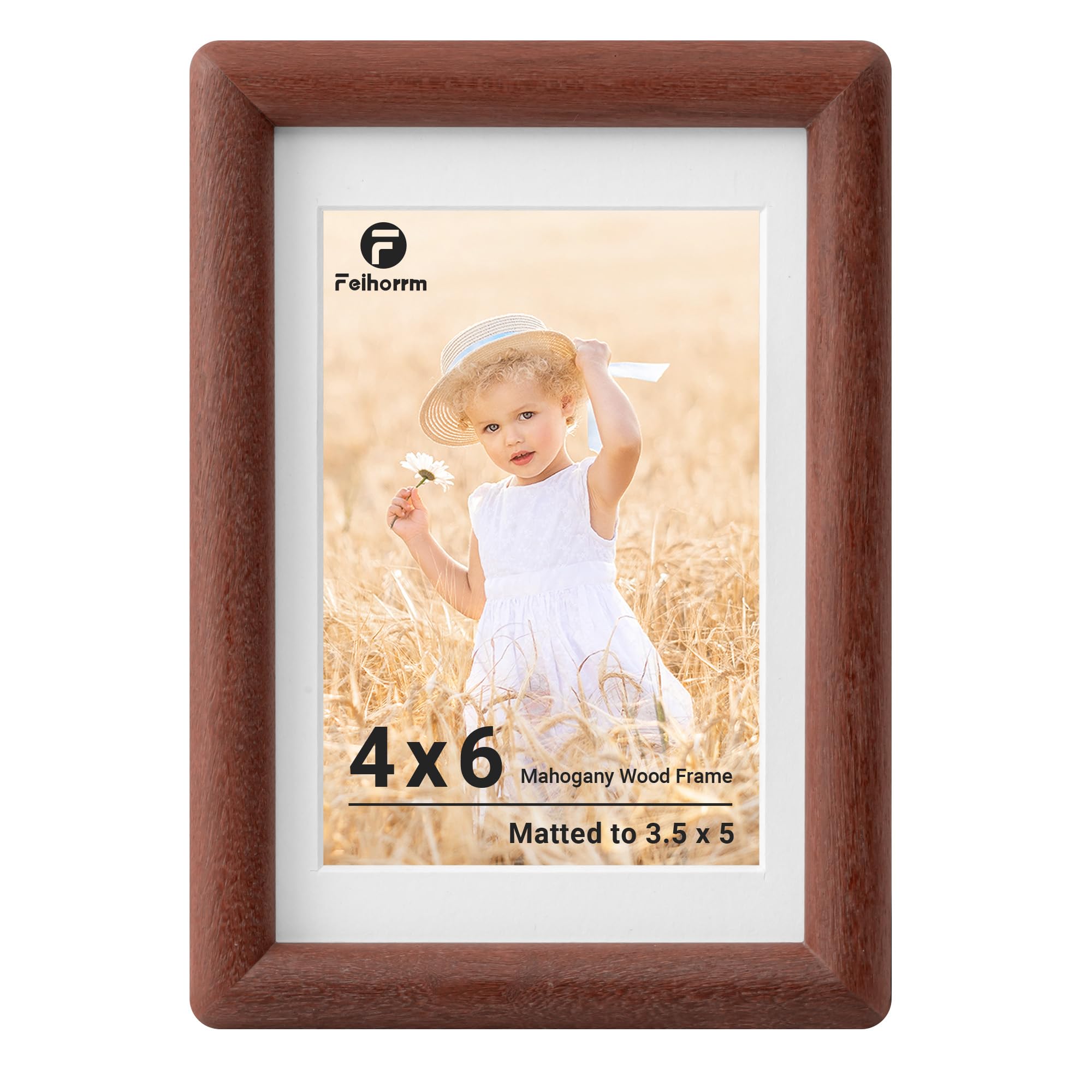 Feihorrm 6x4 Photo Frames, Mahogany Solid Wood Picture Frame, Picture Frames 6x4, 4x6 Frame Matted to 3.5x5 Photos, Handcrafted Rounded Corners with HD Tempered Glass, Tabletop & Wall Mount Display