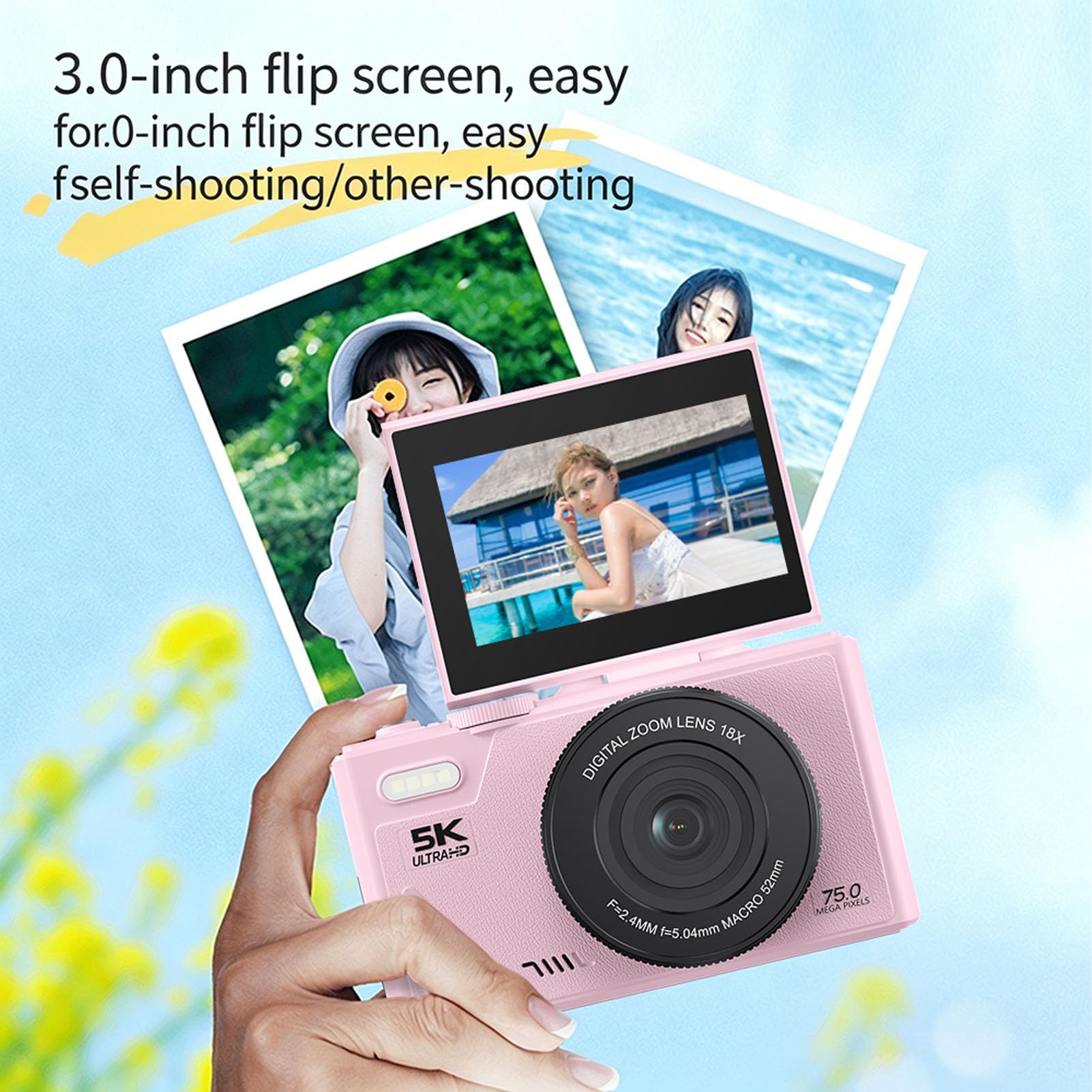 Fotocamera Digitale 5K 80MP, Zoom Digitale 18X, Schermo Flip Antivibrazione da 3", Supporta Pausa Video Time Lapse Rallentatore, Fotocamera Vlogging Ricaricabile per Adolescenti