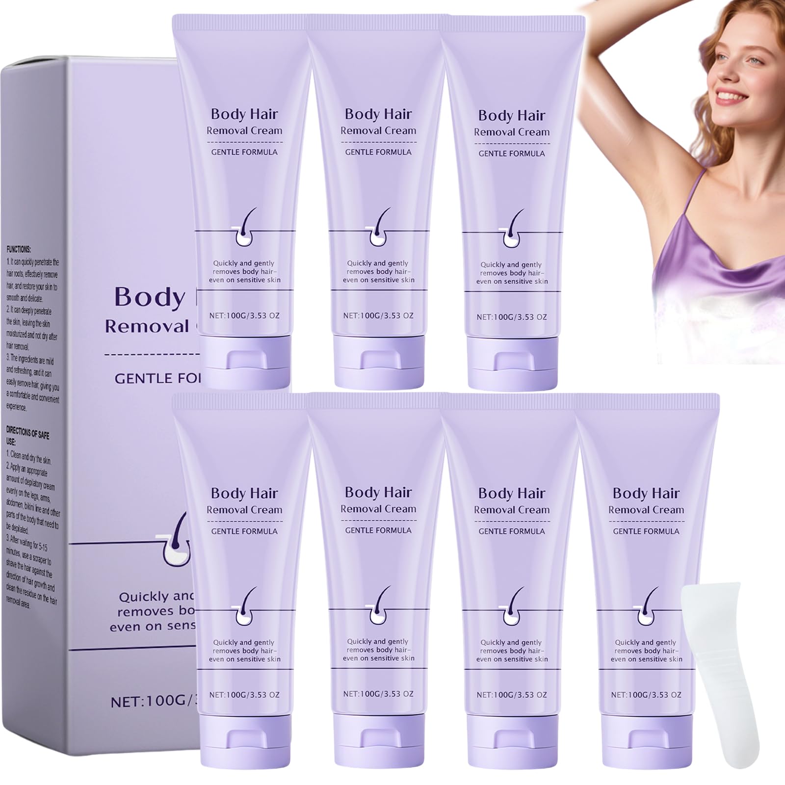 Crema per la depilazione del corpo, formula delicata per la pelle, depilazione indolore con applicatore a spatola, unisex per rimuovere viso e corpo, aloe vera, depilazione rapida (7 pezzi)