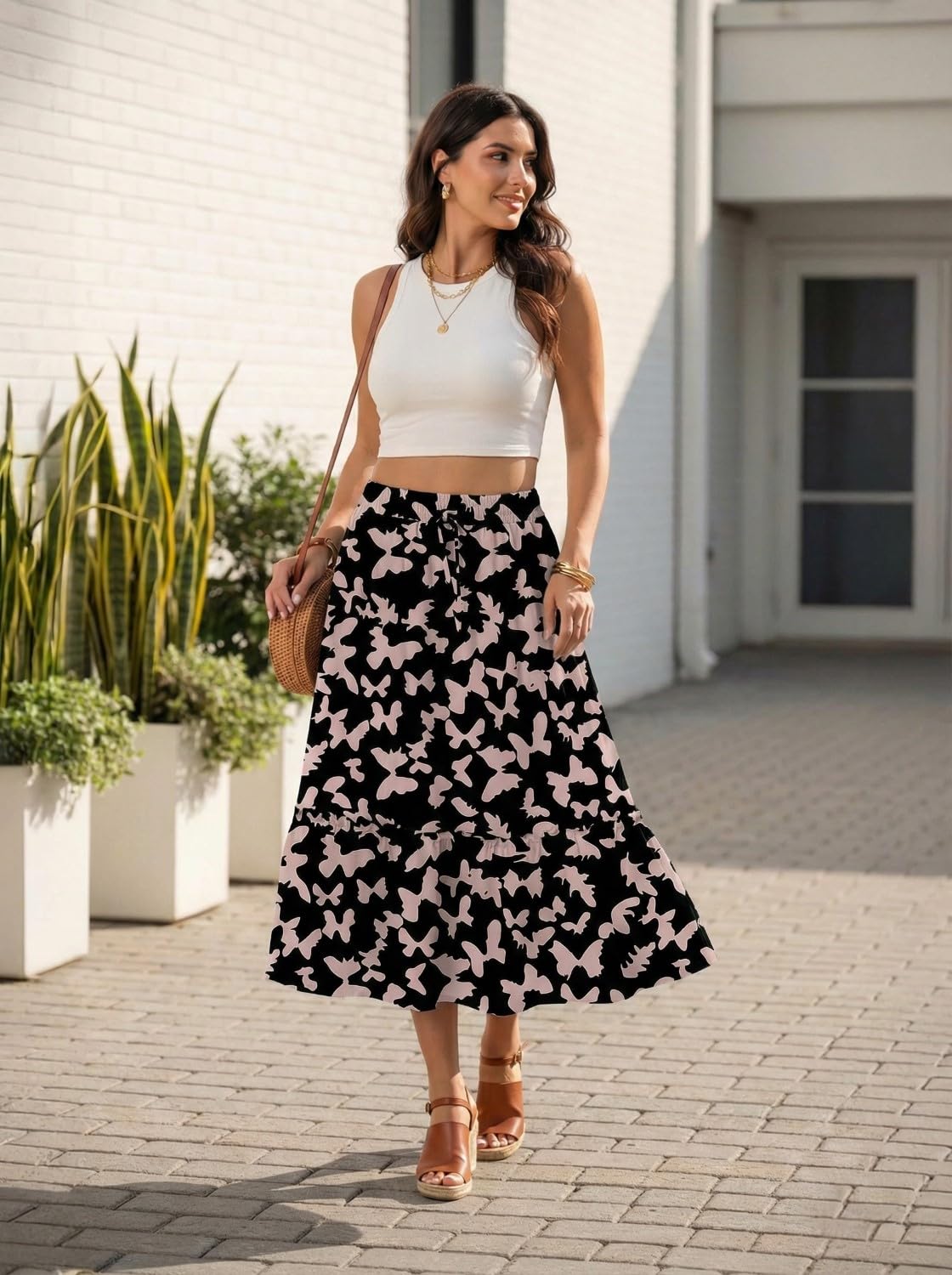 PrinStory Falda de verano larga para mujer, falda de verano de cintura alta, falda midi con bolsillos con cordón, ligera y aireada