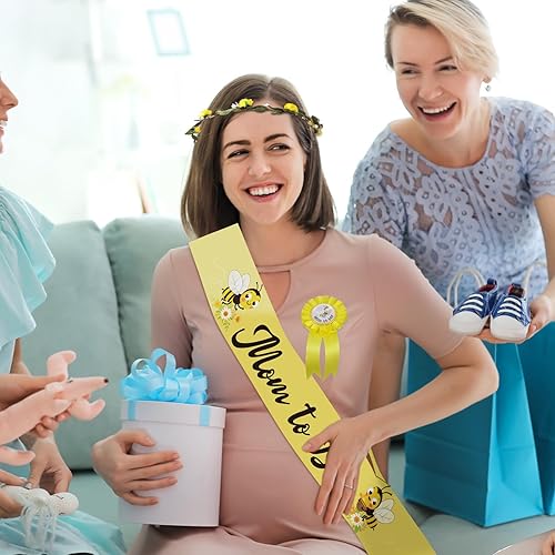 Miniatura 7 de Chunful Decoraciones de baby shower de mamá a abeja, diadema de corona de flores para papá y niña, banda amarilla para niños y niñas, revelación de
