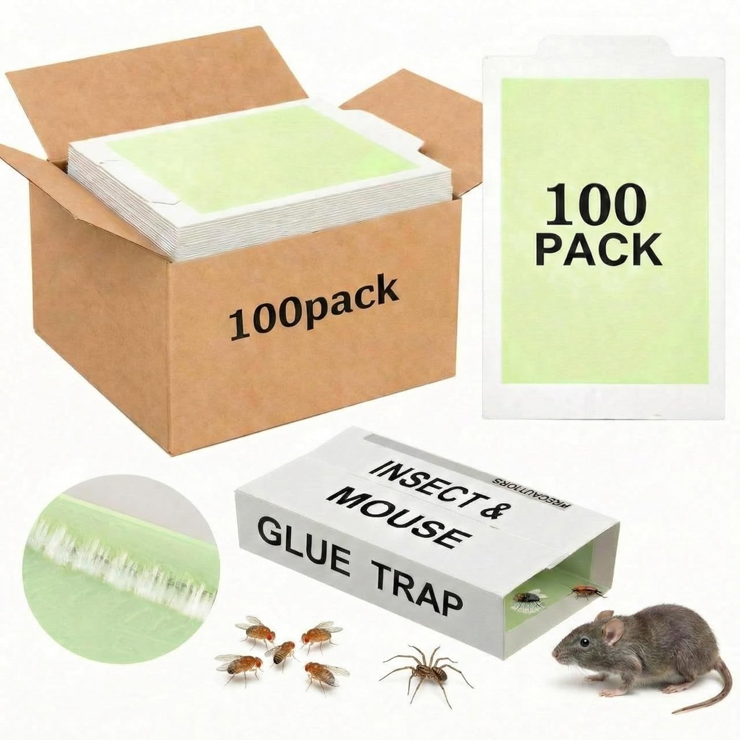 100 Pack Mouse and Insect Glue Boards Pest Glue Traps Bulk, Green High Contrast Sticky Mouse Traps, Pre Scented, Non Toxic, Pest Control for Rodent and Insects, Cockroaches, Spiders, and Scorpions