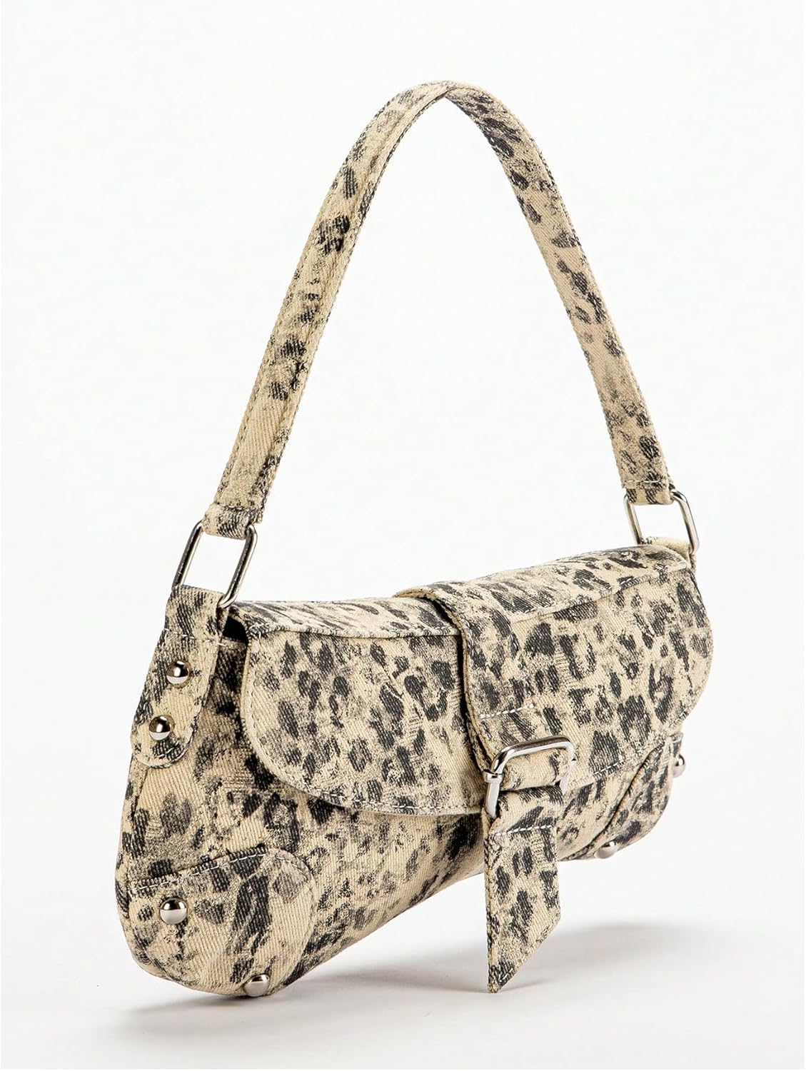 QWINEE Women's Y2K Leopard Print Shoulder Bag Denim Handbags Retro Cheetah Purses Top Handle Buckle Clutch Underarm Bag - Image 3