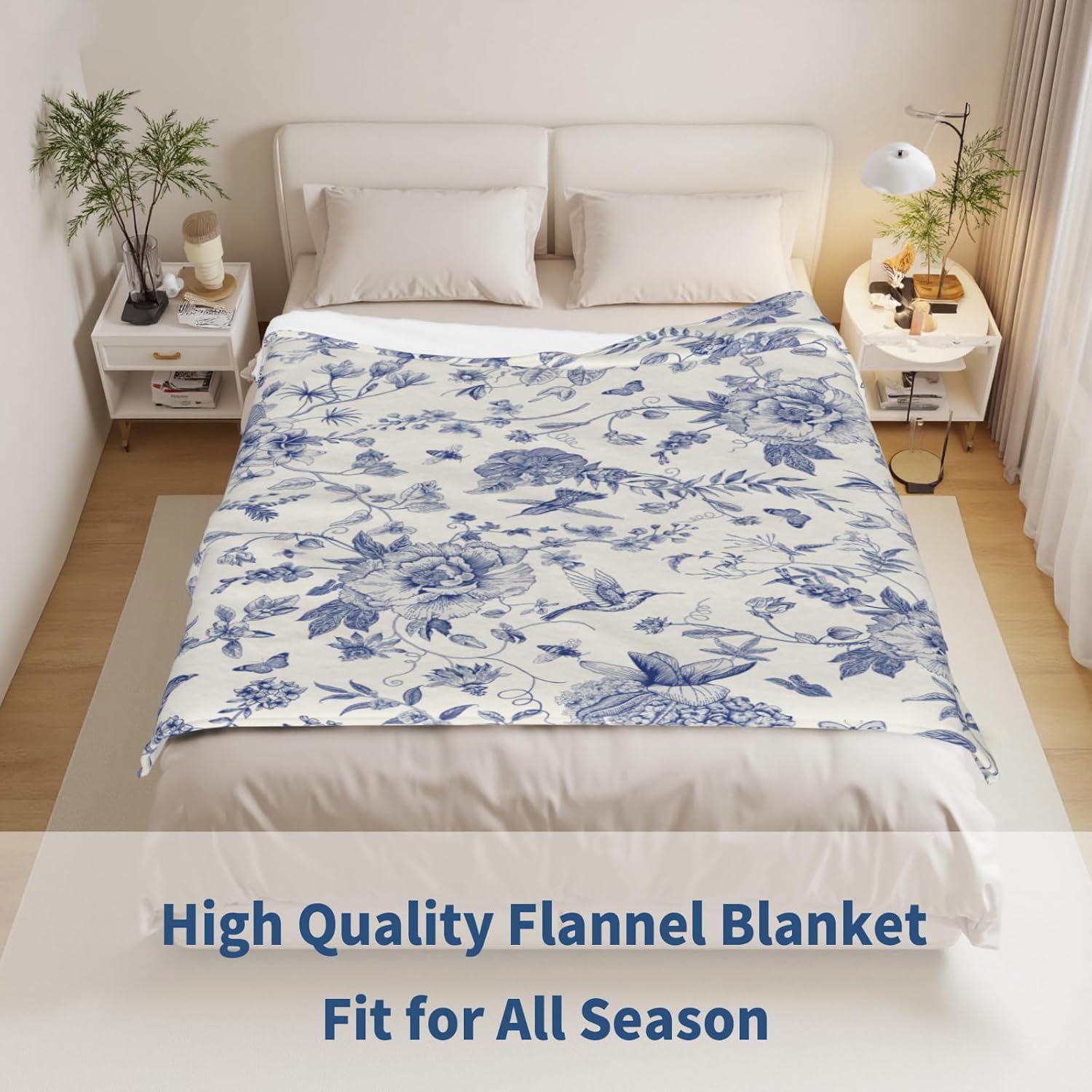 Chinoiserie Flower Throw Blanket Blue Leaves Soft Flannel Throw Blankets Lightweight Fluffy Plush Fuzzy Bed Blankets for Sofa Couch 60"X80"
