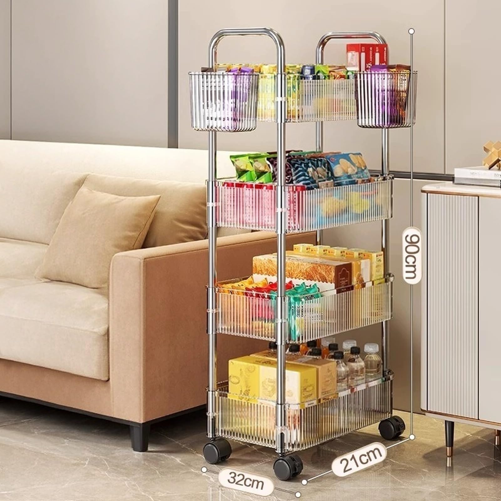Magazzinaggio Carrello mobile for snack e cosmetici, portaoggetti da bagno, contenitore con rotelle(Grande)