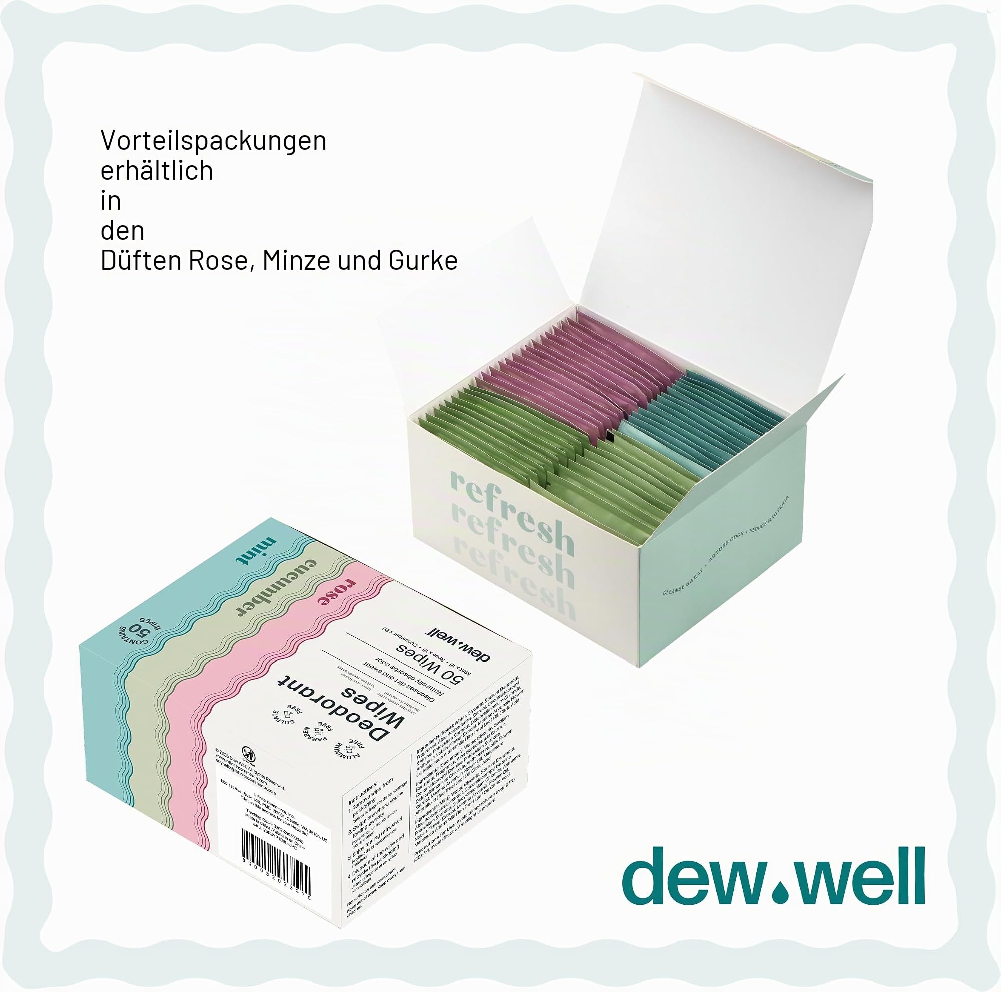 Dew Well Refresh Deodorant Wipes – Ein frischer Start für unterwegs – Frei von Aluminium, Parabenen und Sulfaten – Sortenpackung (Minze, Rose und Gurke) – 50 einzeln verpackte Tücher