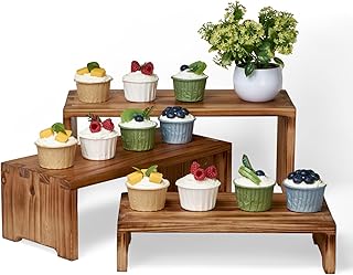Set of 3 Wooden Rustic Cupcake Stand for 24 Cupcakes, Stepped Wood Display Stand for Weddings, Tiered Party Buffet Table Display Nesting Riser for Food , Dessert, Cookie, Craft Show, Burnt