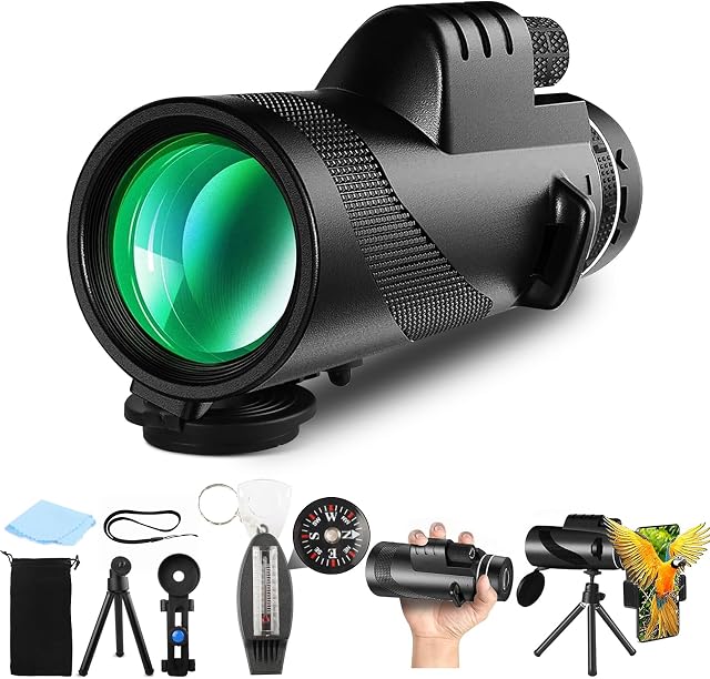 Upgraded 80x100 Monocular Telescope for Adults Kids with 4in1 Compass, High Power Monocular with Smartphone Adapter & Tripod, Low Night Vision for Hunting Bird Watching Camping Sporting Concert(Black)