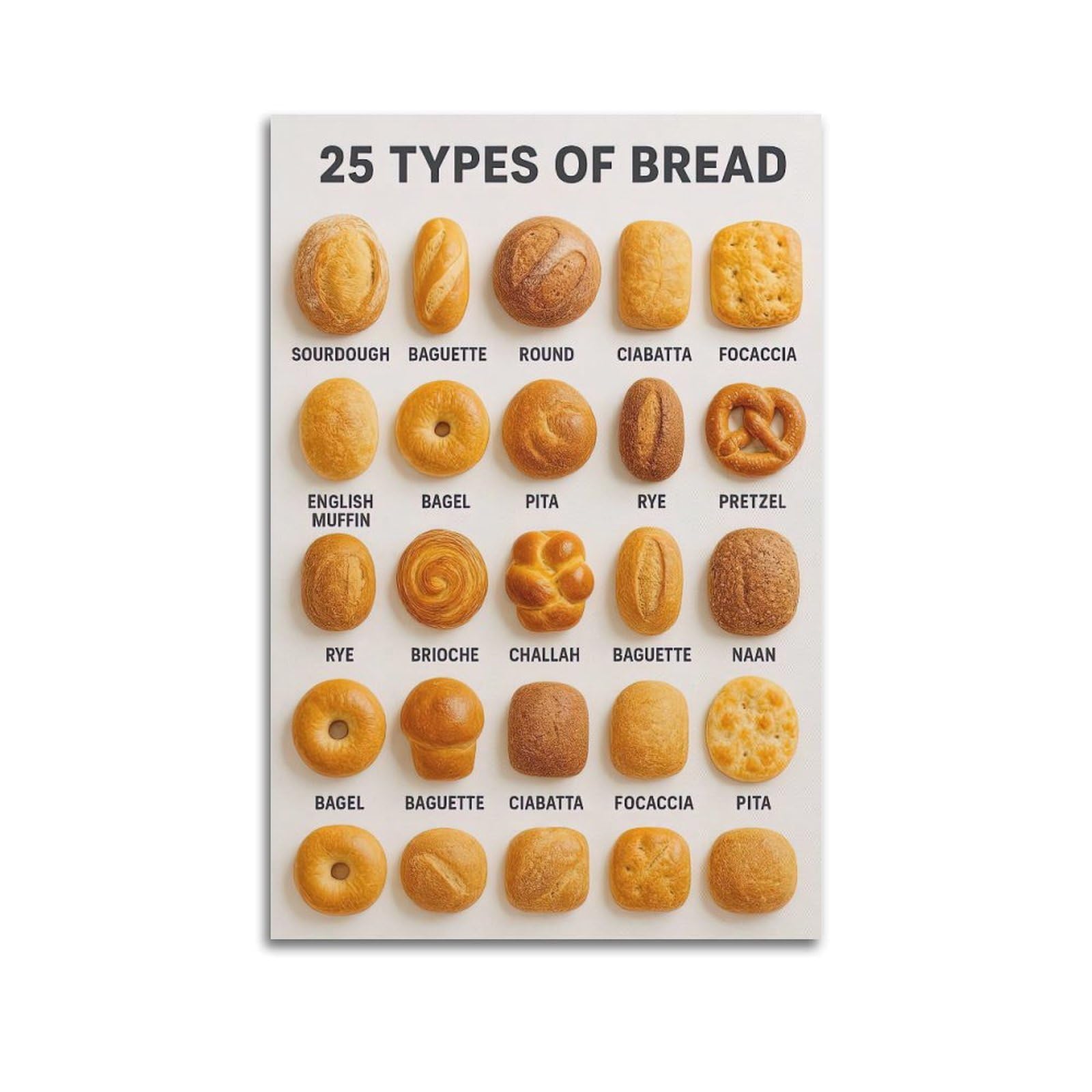 OKAHYS 25 Types of Bread Artwork Poster Decorative Painting Canvas Wall Artworks Picture 24x36inch(60x90cm)