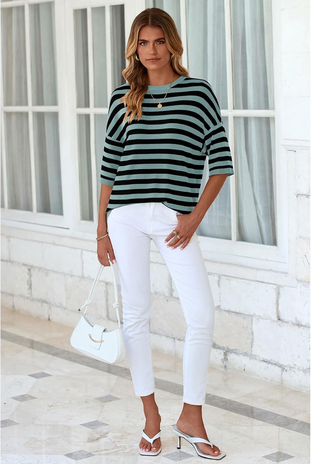 PRETTYGARDEN Womens Spring Summer Tops Fashion Striped Short Sleeve Sweater Crew Neck Lightweight Knit Oversized Shirts 2025 - Image 8