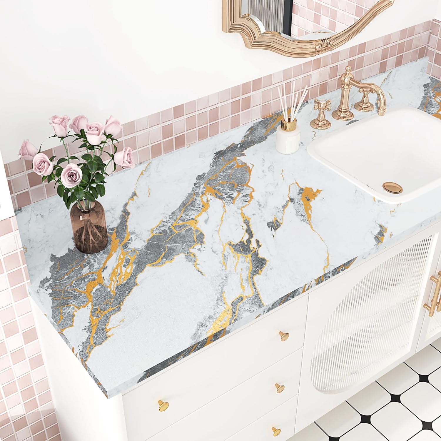 Matte Grey/Gold Marble Contact Paper for Countertops Waterproof 17.7"x315" Marble Countertop Peel and Stick Wallpaper Oil-Proof Granite Contact Paper for Tables Kitchen Bathroom Cabinets