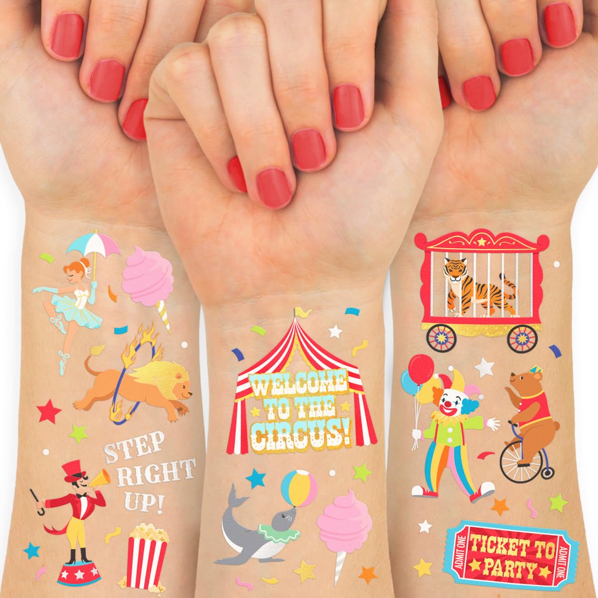 xo, Fetti Circus Party Temporary Tattoos - 42 Gold + Silver Foil Styles | Circus Birthday Party Supplies, Carnival Party Favors, Circus Animals Temp Tats, Clown Arts and Crafts