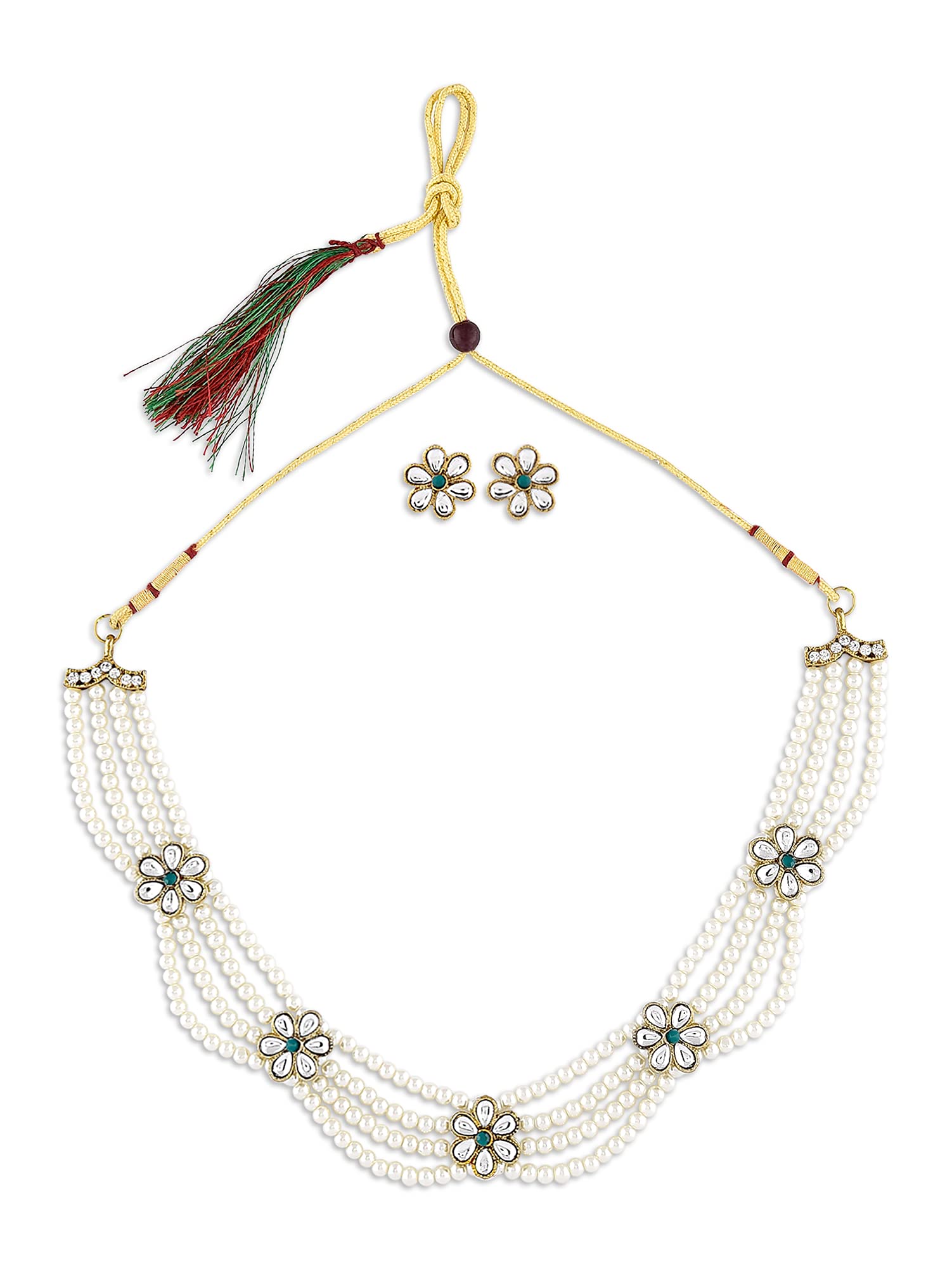 Gold Tone Kundan Flowers Multistrand Pearls Necklace & Earring Set For Women-ZPFK10762