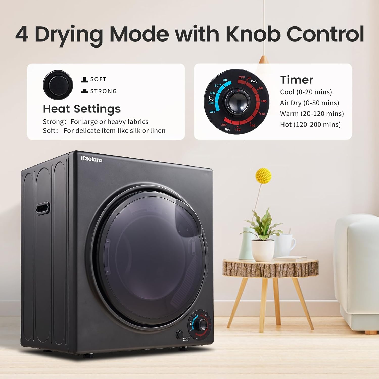 Portable Dryer 3.5 cu.ft, 1500W Compact Dryer with Stainless Steel Tub, 4 Drying Mode, Overheat Protection, Apartment, Dorms, RVs, Black