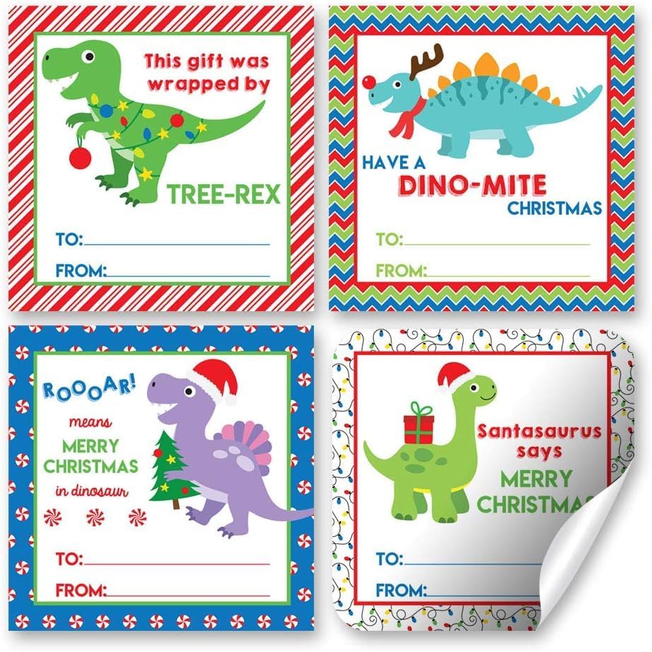 Christmas Dinosaur Tag Stickers, Set of 12 2.5 X 2.5 Funny Square Christmas Tag Present Labels by AmandaCreation