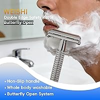 Vista 4 de WEISHI rasuradora con mango largo cromado, apertura tipo mariposa, borde doble, segura