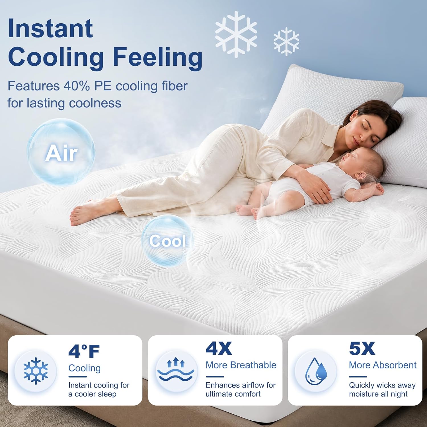Cooling Waterproof Mattress Protector Queen Size, 400GSM 3D Air Fabric Breathable Mattress Cover, Premium Bed Protector with Deep Pockets, Luxury Noiseless Machine Washable Bed Cover, White
