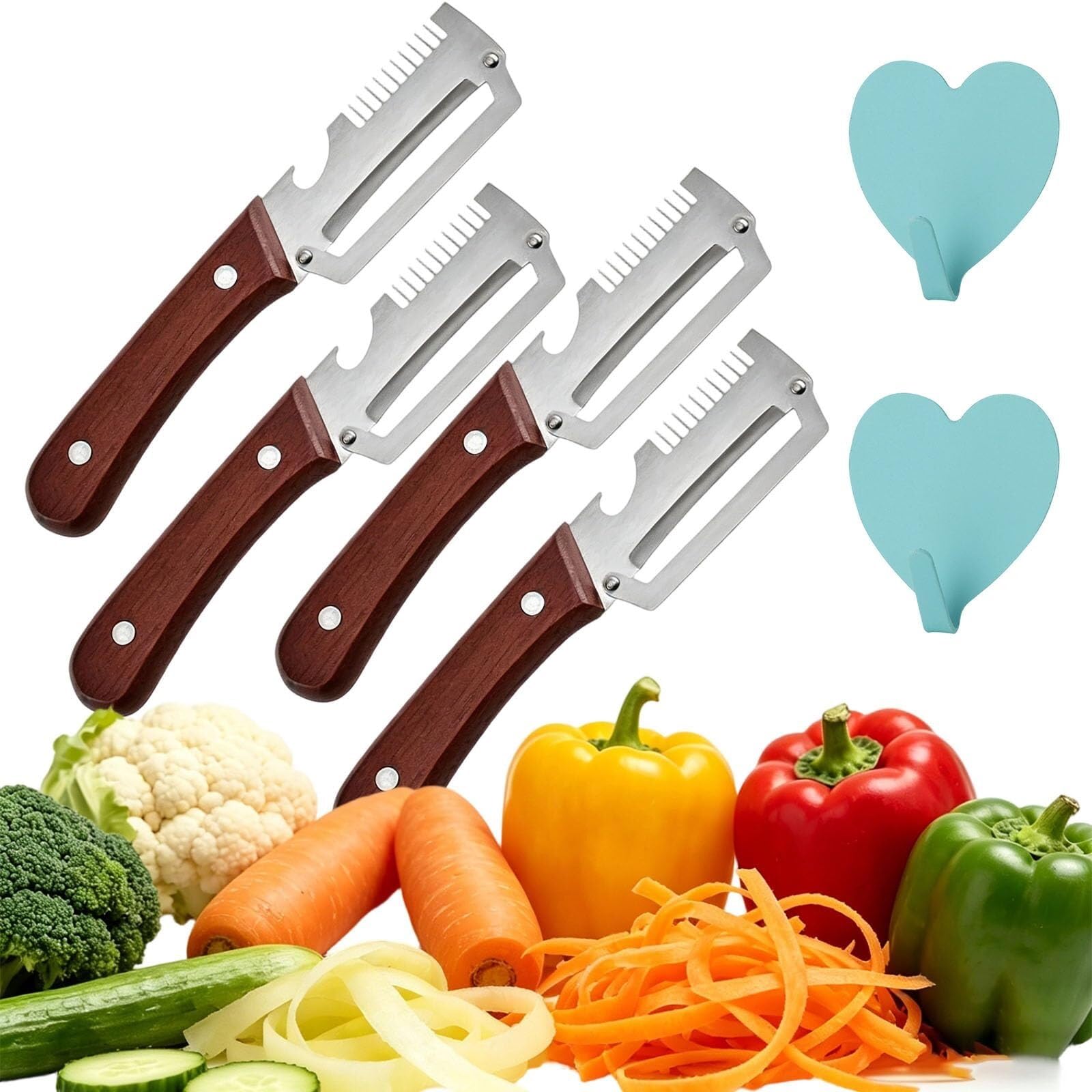 Null-Druck-Schäler, 3-in-1, multifunktionaler Gemüseschäler aus Edelstahl, Schäler mit Holzgriff, Julienne-Schäler for Kartoffel, Kürbis, Obst und Gemüse(4pc)