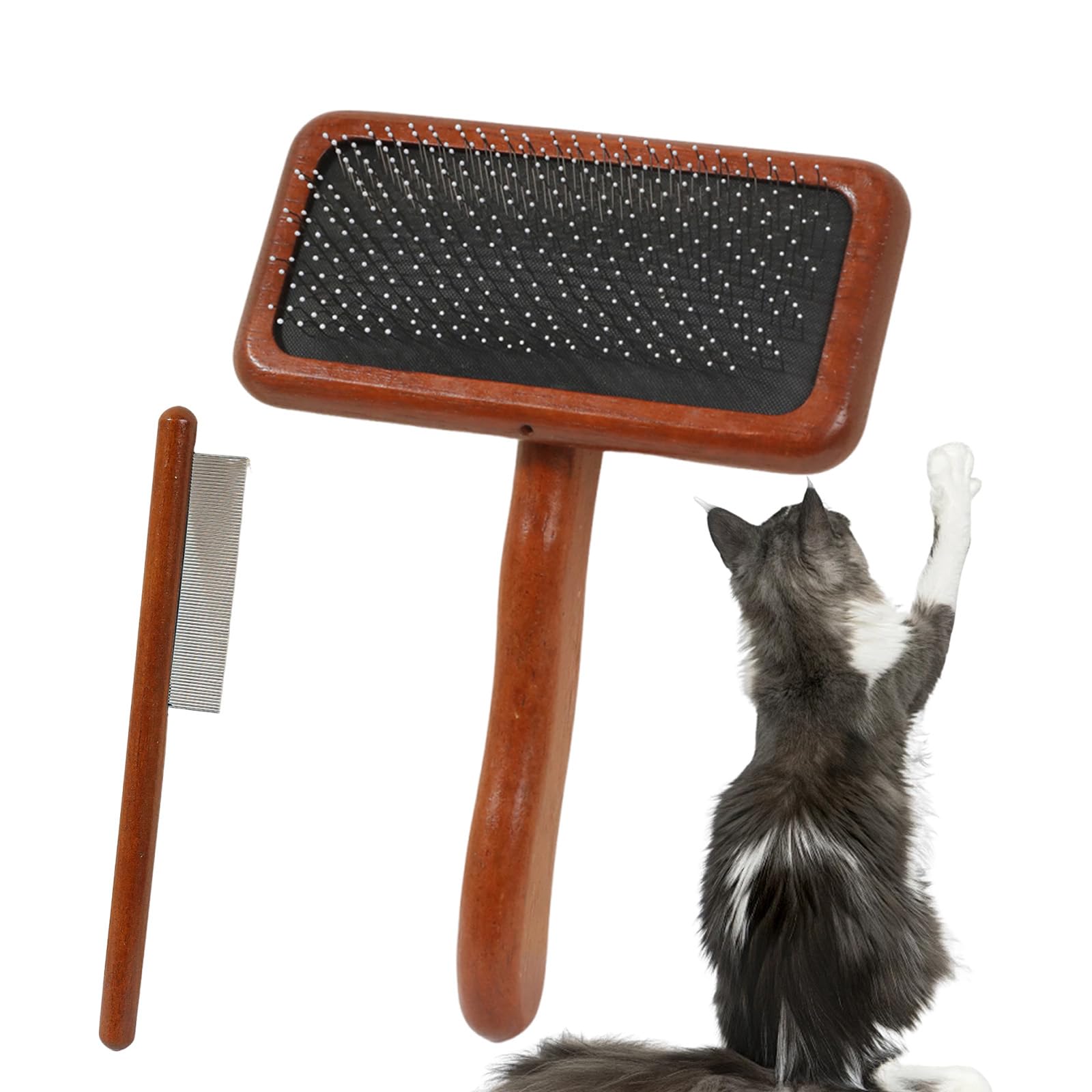 piezas Cepillo para Perros y Gatos, Limpia, Desenreda y da Masaje, Quitar Pelo Muerto, Mango de madera Ergonómico y Púas de Acero Inoxidable, Pelaje de su Mascota (Mediano + peine de dientes finos)