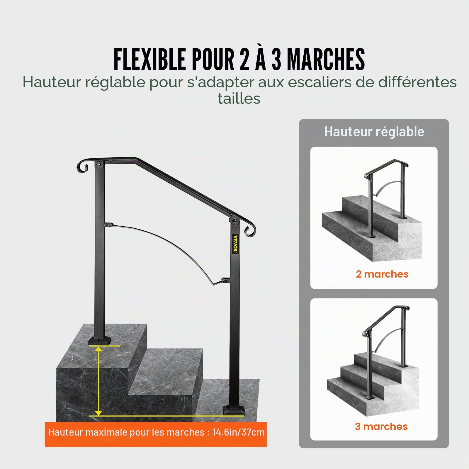 VEVOR Rampe d'Escalier 2 à 3 Marches Garde-corps pour Escalier Main Courante Noire pour Escalier Rampe en Forme Arche