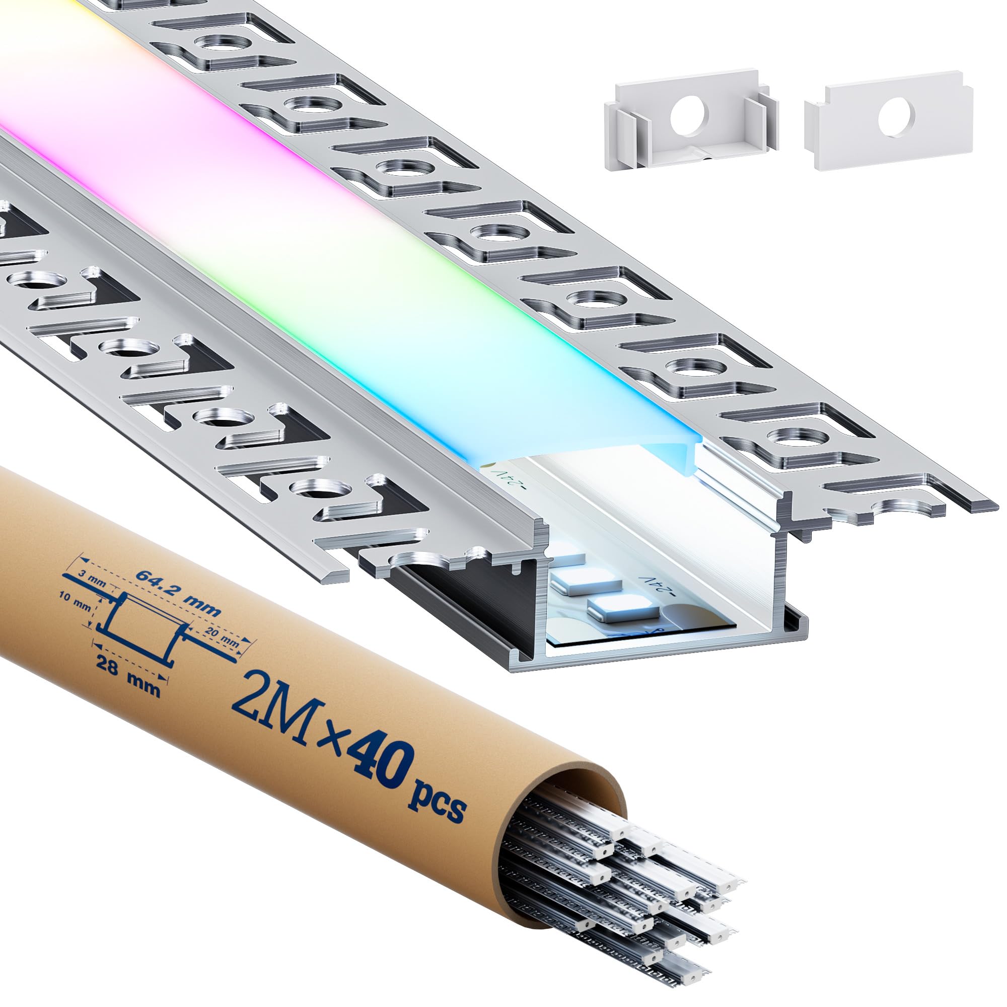 40 x profil do montażu na sucho LED, 2 m, profil aluminiowy, podtynkowy z dyfuzorem, kanał do montażu LED do pośredniego oświetlenia sufitowego, płyty gipsowo-kartonowej, ściany i sufitu