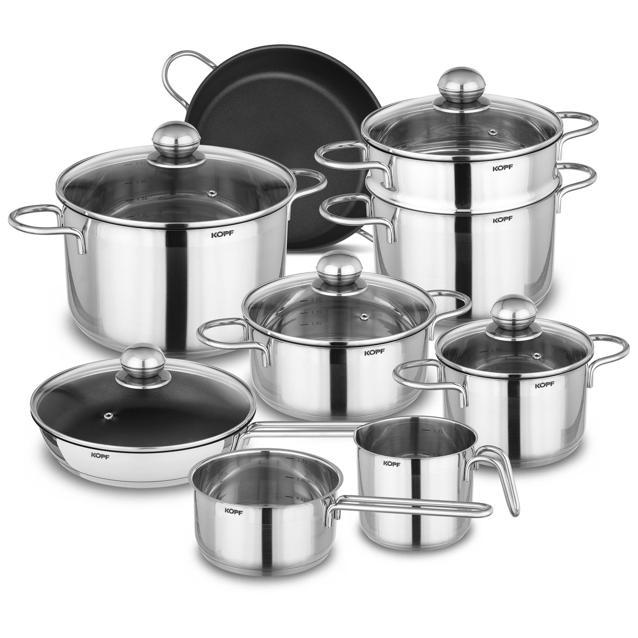 Kopf Topfset Josie aus Edelstahl - Induktionstöpfe mit Schüttrand, Literskala und Glasdeckel – 14-teilig