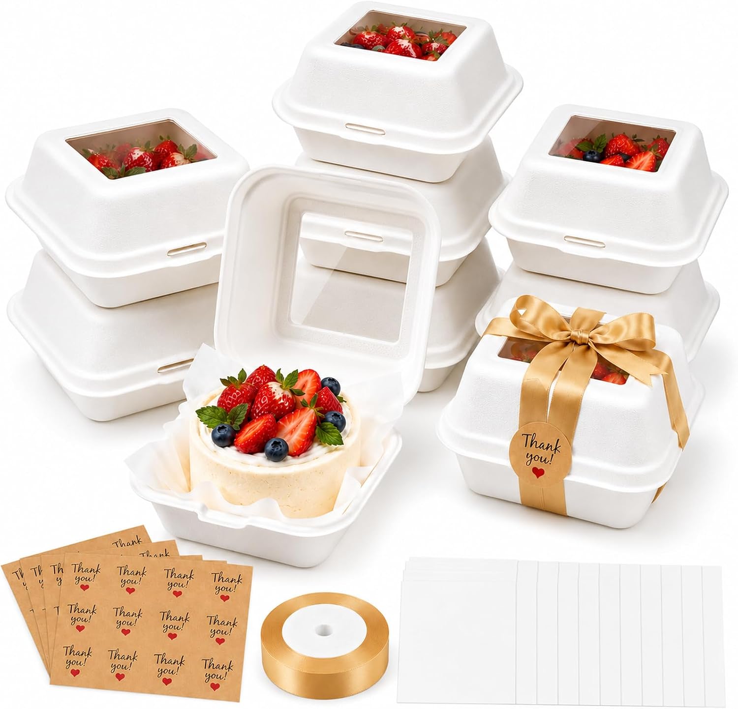 50 Set 50 Sets 6x6 Mini Bento Cake Box Kit Clear Window Bagasse Clamshell Takeout to go Food Containers with Card Board, Ribbon & Thank You Stickers Lunch Box Cake Containers (White)