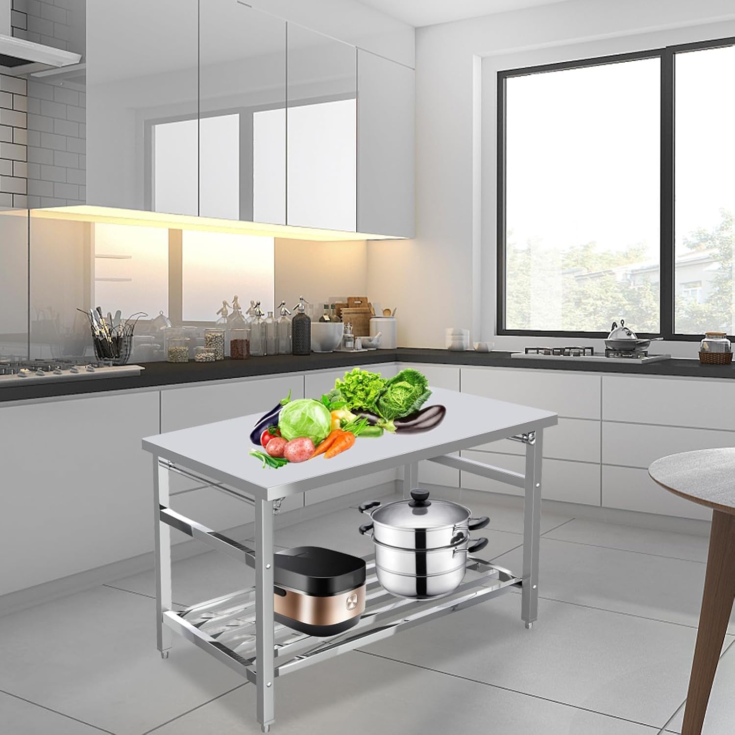48x30 Inch Stainless Steel Folding Table, Commercial Work Table with Adjustable Undershelf, 2-Tier Prep Table Foldable Workstation for Restaurant, Kitchen, Home, Garage, Workshop, Hotel, 500 LBS